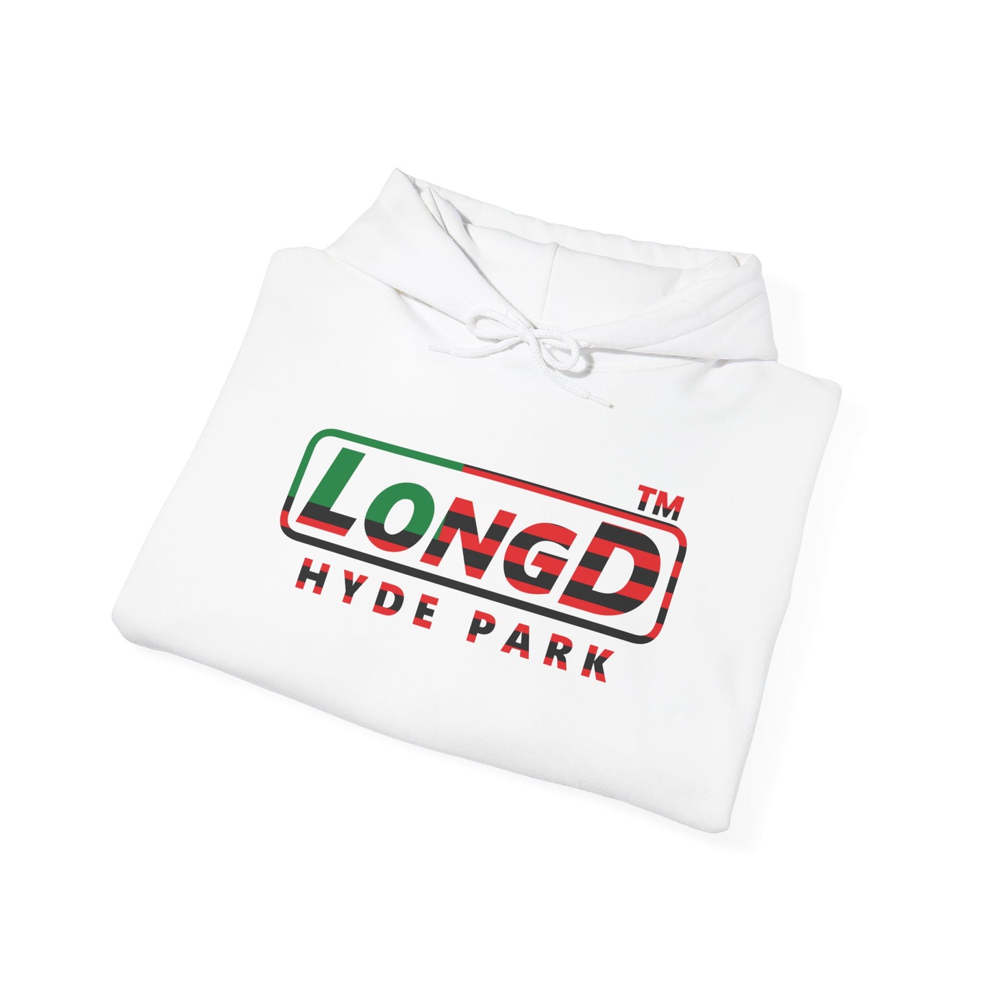 LongD® positive flag front-back Hyde Park logo Hoodie (Juneteenth colors)