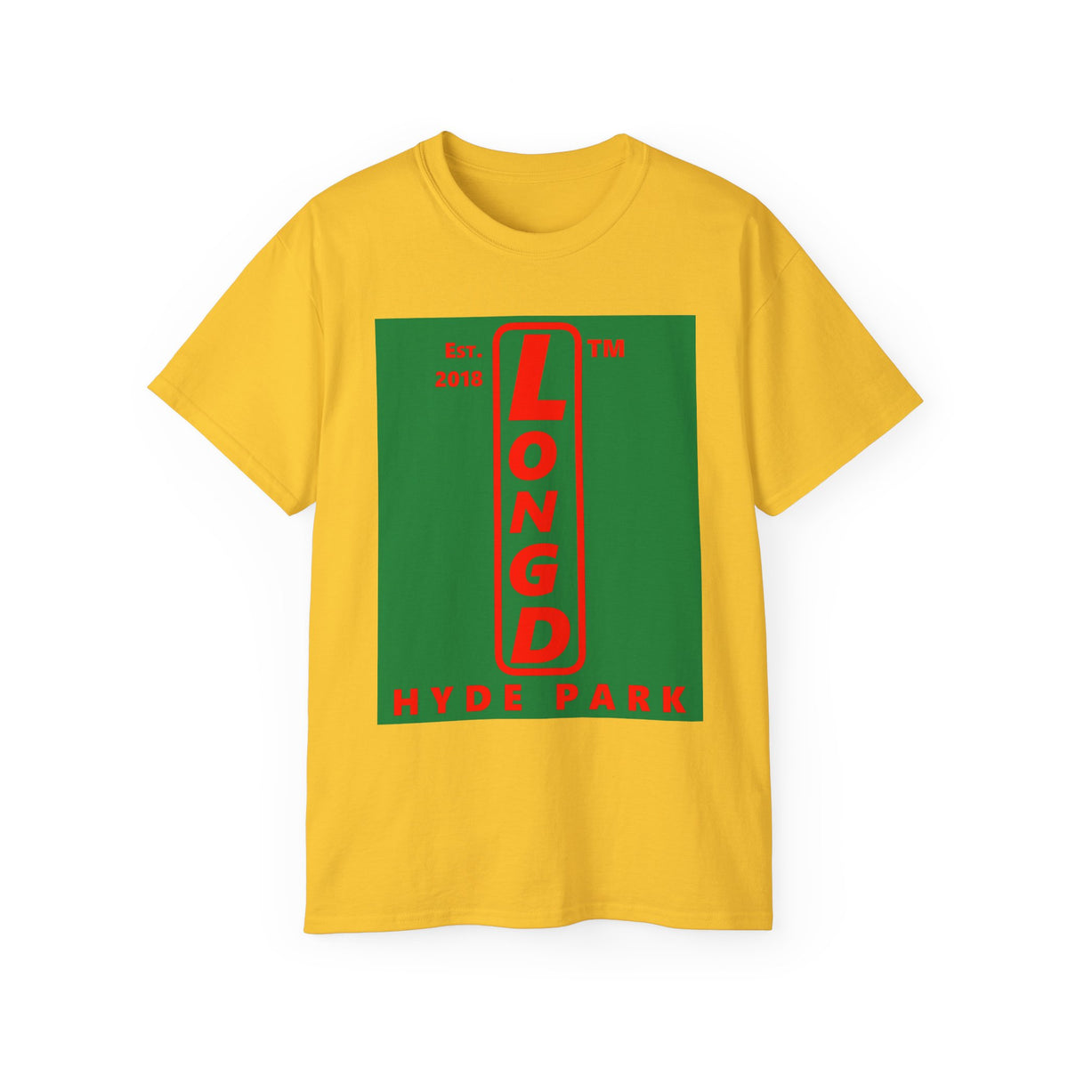 LongD Hyde Park upright logo positive red on negative green (Xmas colors) cotton tee