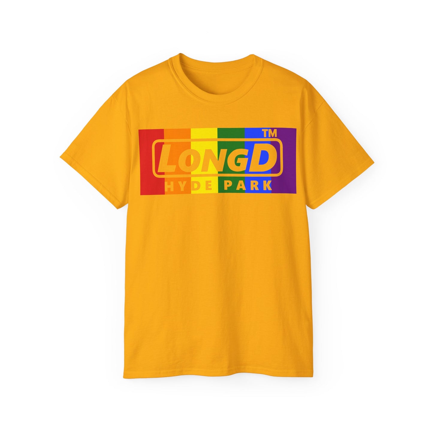 LongD negative vertical striped Hyde Park logo cotton tee (Pride colors)