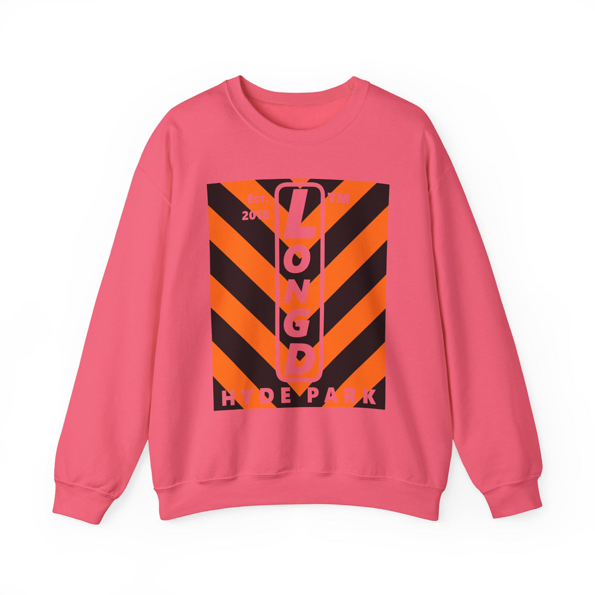 LongD Hyde Park negative upright downward chevron logo (Halloween colors) crewneck sweatshirt