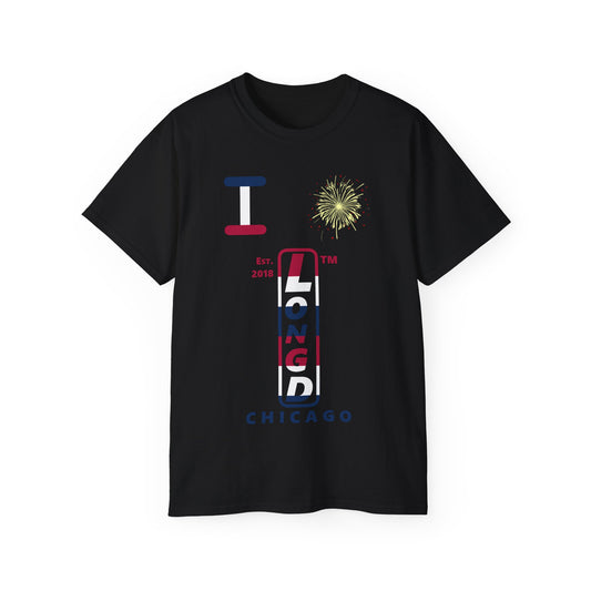 I Burst LongD cotton tee positive horizontal 6-striped Chicago upright logo (Patriotic colors)