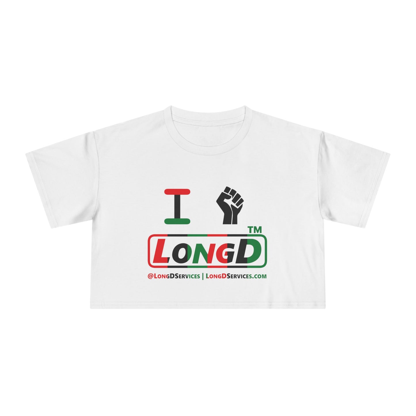 I fist LongD positive vertical 6-striped tag-domain logo crop tee