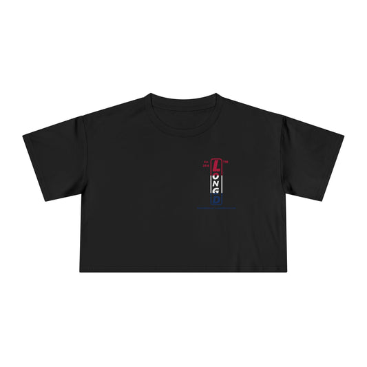 I burst LongD positive horizontal 3-striped upright single-breasted tag-domain logo crop tee