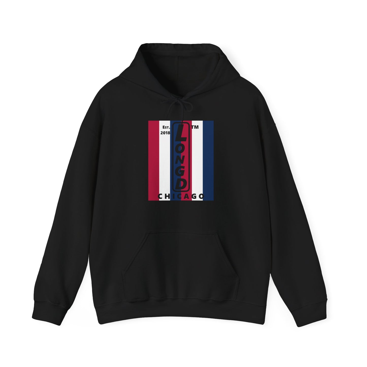 LongD® negative vertical 6-striped upright Chicago logo hoodie