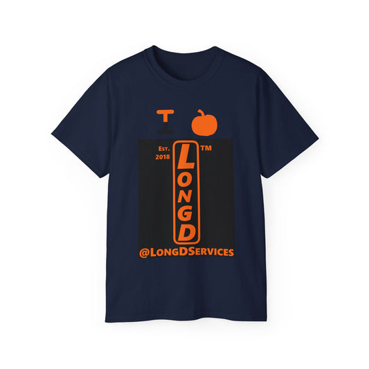 I pumpkin LongD Tag upright logo positive orange on negative black cotton tee