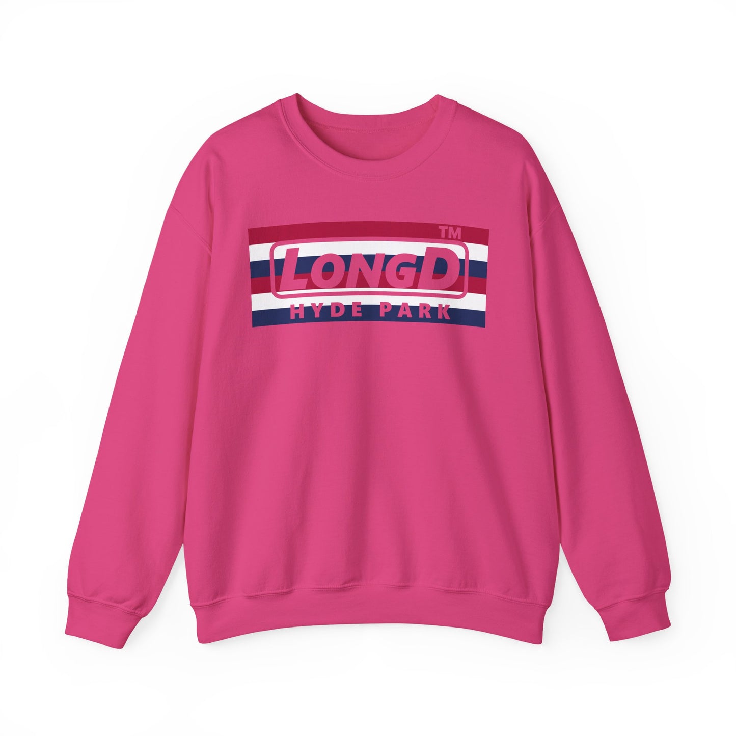 LongD negative horizontal 6-striped Hyde Park logo crewneck sweatshirt (patriotic colors)