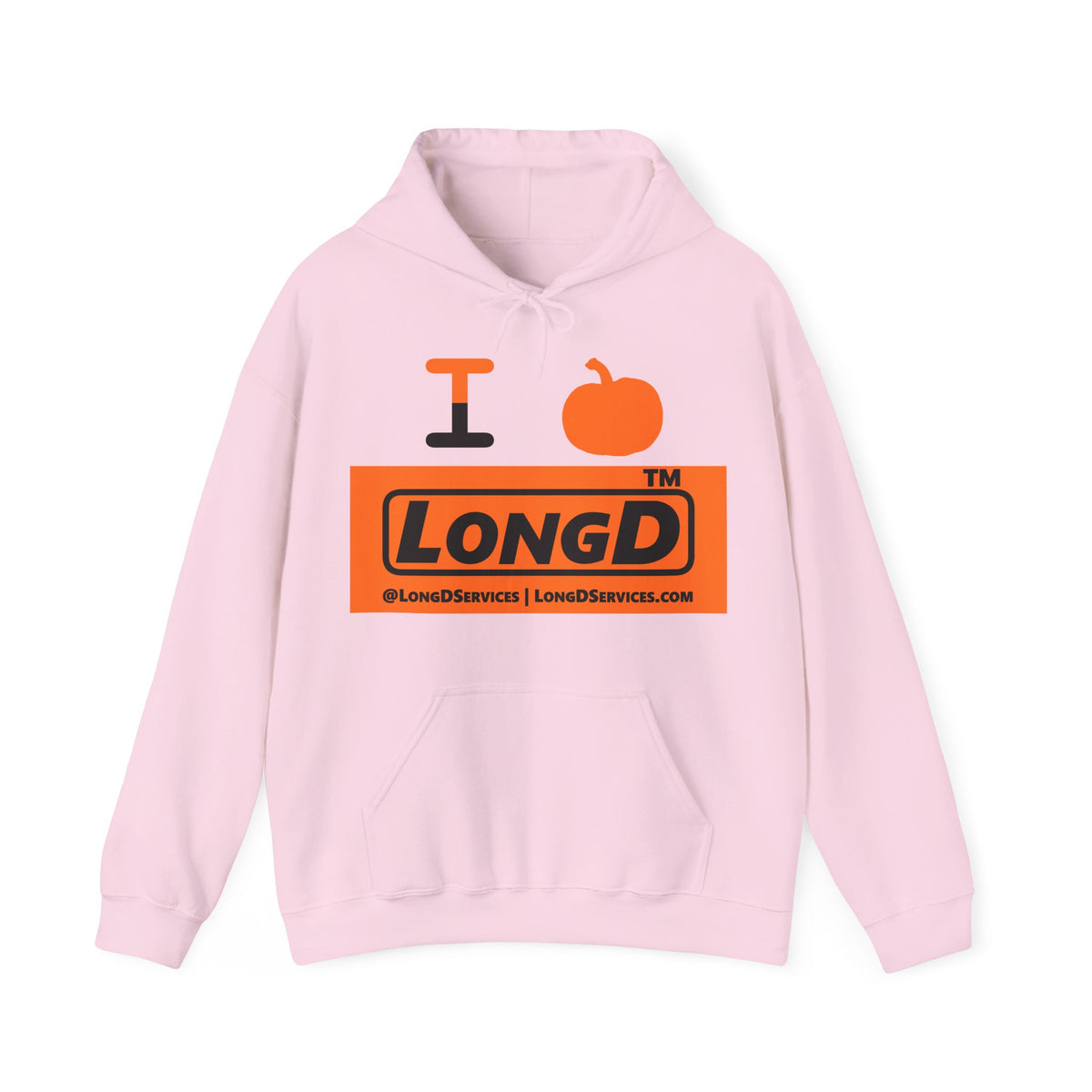 I pumpkin LongD Tag-domain logo positive black on negative orange hoodie