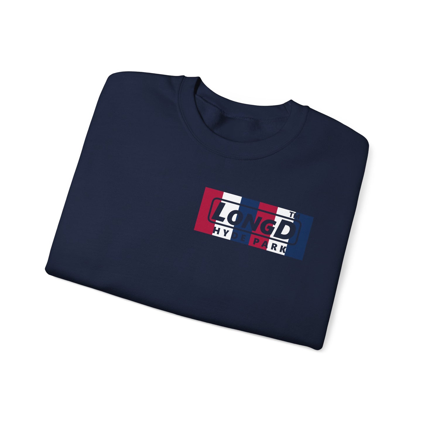 LongD negative vertical 6-striped 4-print single-breasted Hyde Park logo crewneck sweatshirt (patriotic colors)