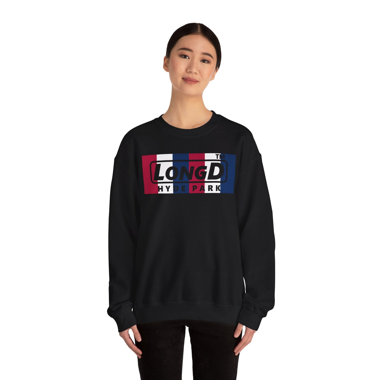 LongD negative vertical 6-striped Hyde Park logo crewneck sweatshirt (patriotic colors)