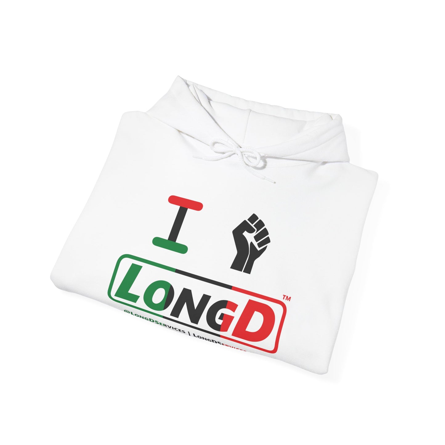 I Fist LongD® Logo Hoodie with Juneteenth black fist positive thirds text
