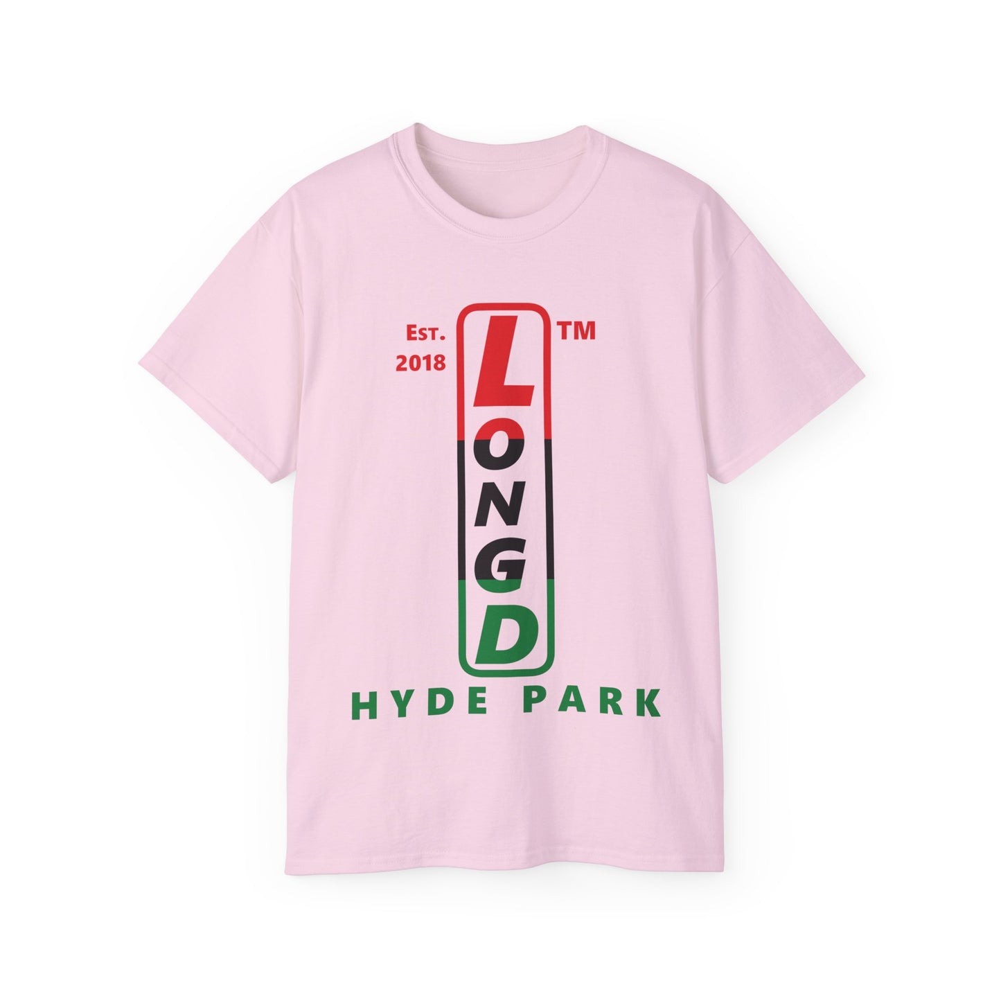 LongD Cotton Tee positive horizontal striped Hyde Park upright logo (Juneteenth colors)