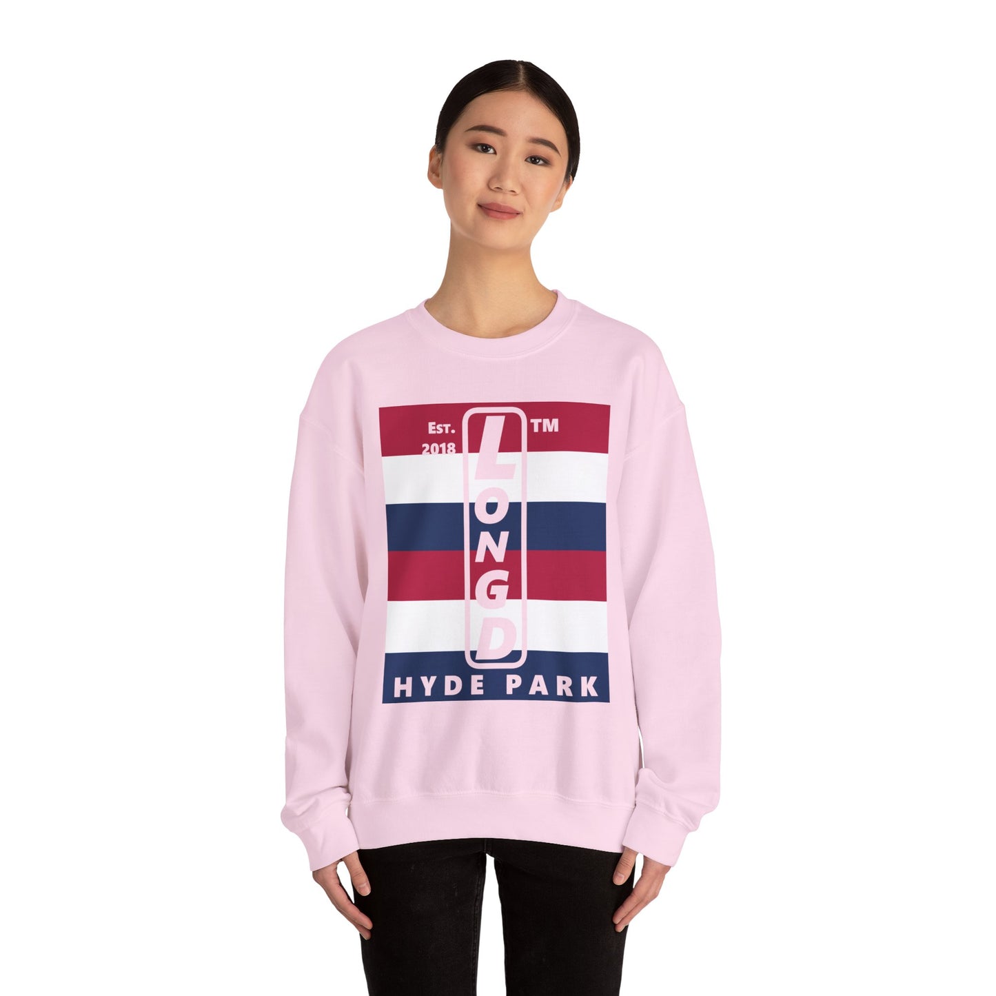LongD negative horizontal 6-striped Hyde Park upright logo crewneck sweatshirt (patriotic colors)