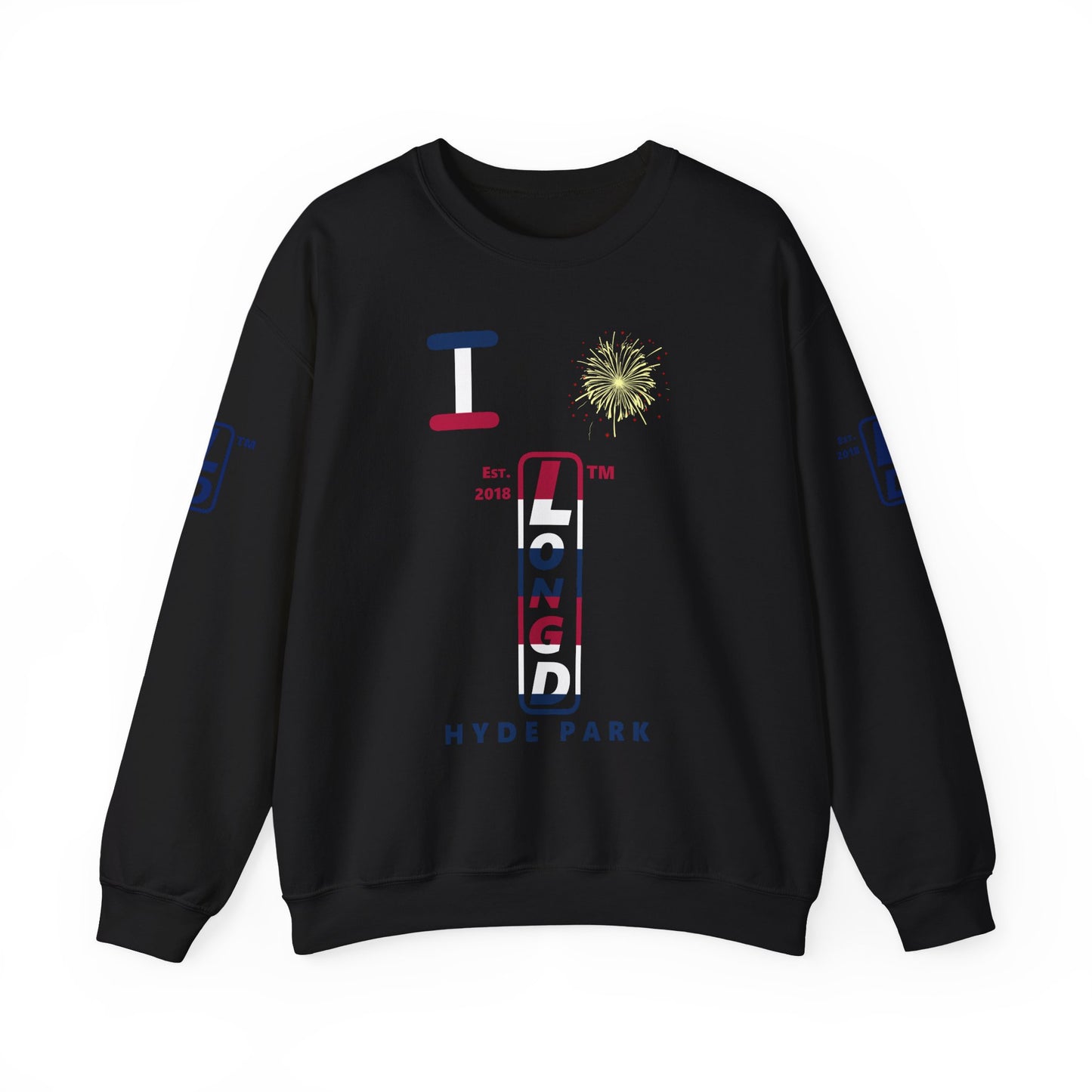 I Burst LongD positive horizontal 6-striped Hyde Park upright 4-print logo crewneck sweatshirt