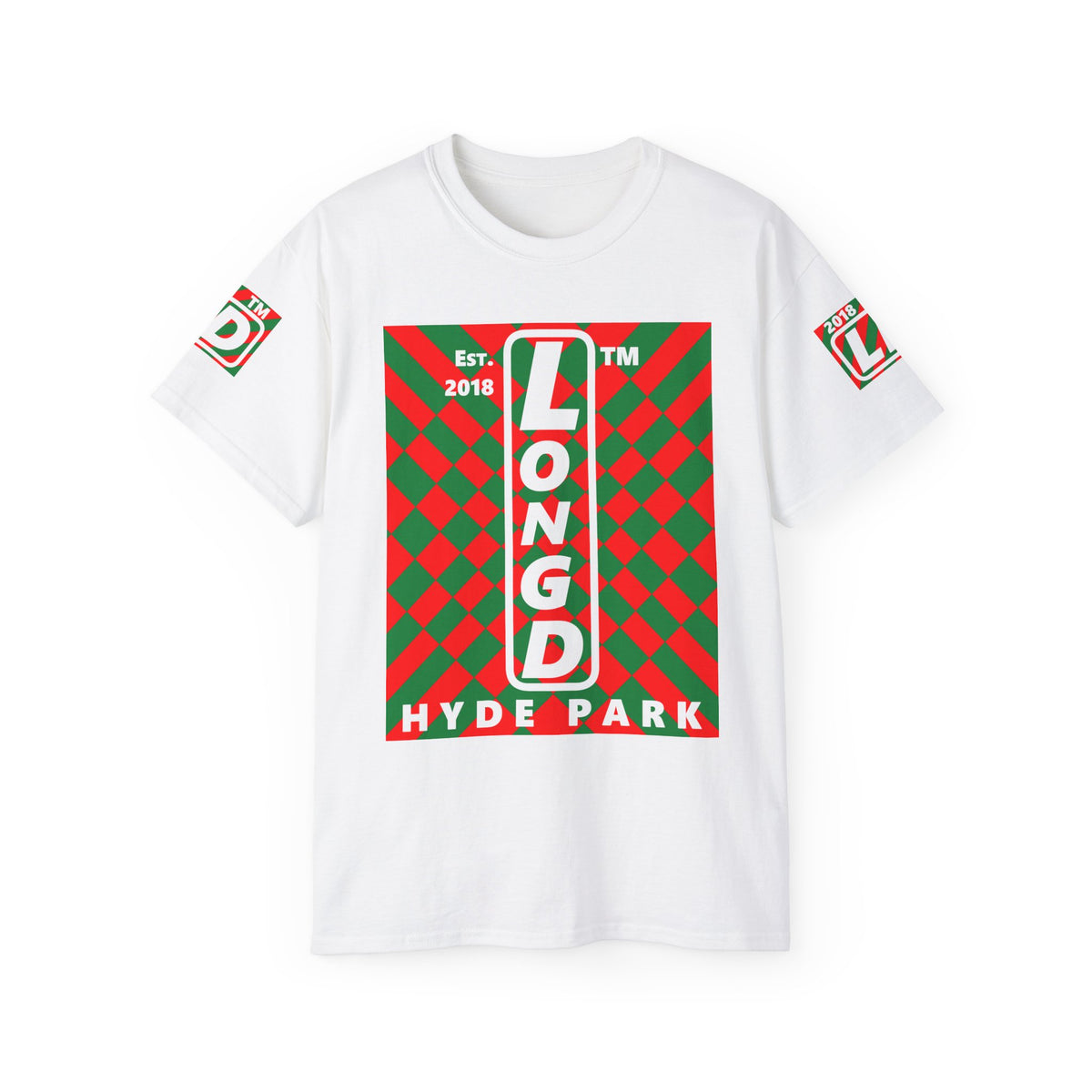 LongD Hyde Park negative upright stylized argyle 4-print logo (Xmas colors) cotton tee