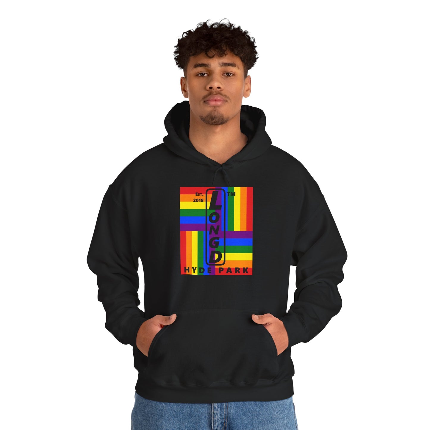 LongD® negative windmill upright Hyde Park logo hoodie (Pride colors)