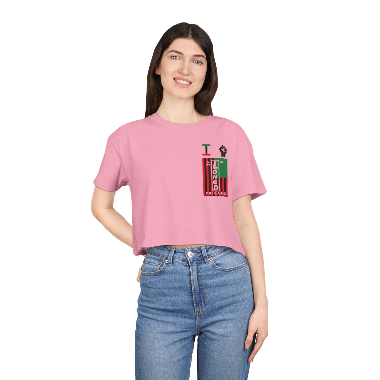 I fist LongD negative flag upright single-breasted Chicago logo crop tee (Juneteenth colors)
