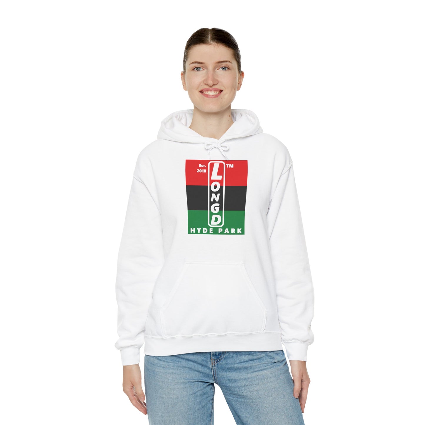 LongD® negative horizontal 3-striped upright Hyde Park logo hoodie (Juneteenth colors)