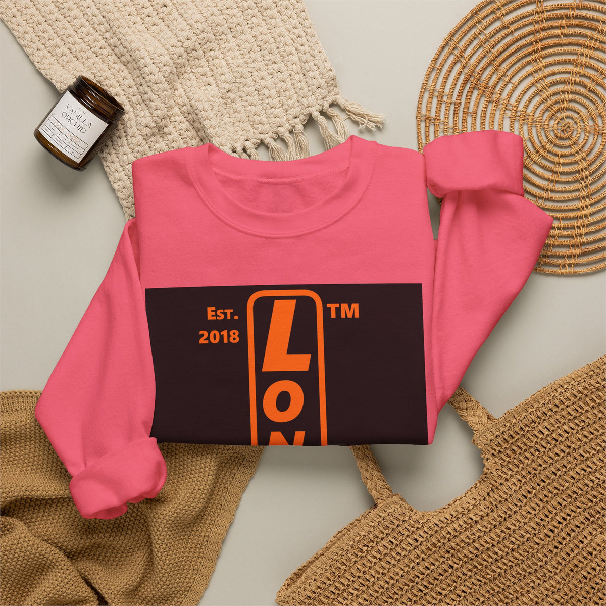 LongD Hyde Park upright front-back logo orange (FE7518) on Black (000000) crewneck sweatshirt