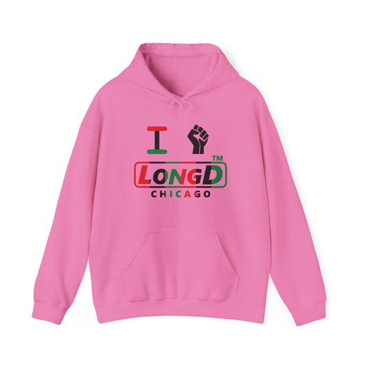 I fist LongD® positive vertical 6-striped Chicago logo Hoodie (Juneteenth colors)