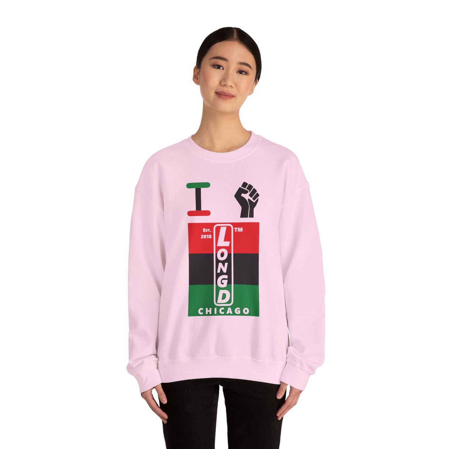 I Fist LongD negative horizontal 3-striped Chicago upright logo crewneck sweatshirt