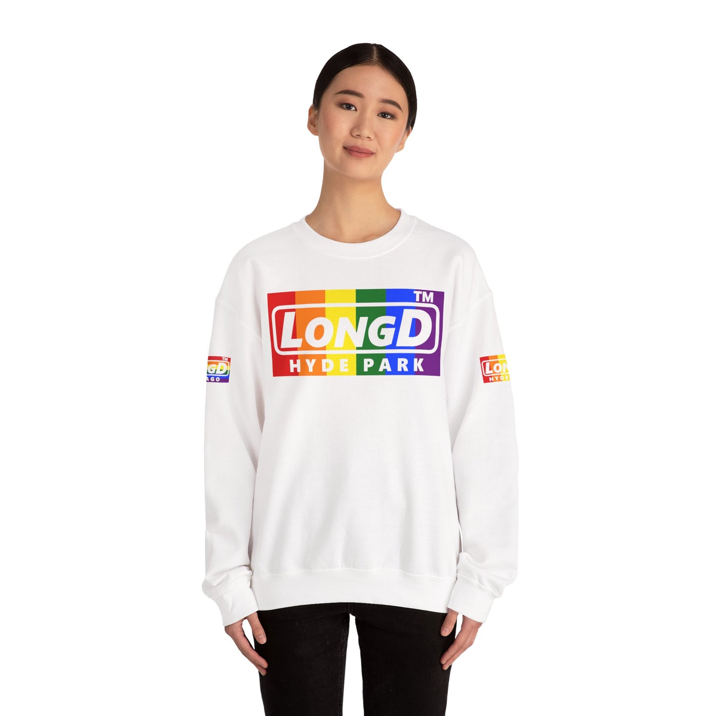 LongD official basic 4-print Hyde Park logo crewneck sweatshirt with Pride heart