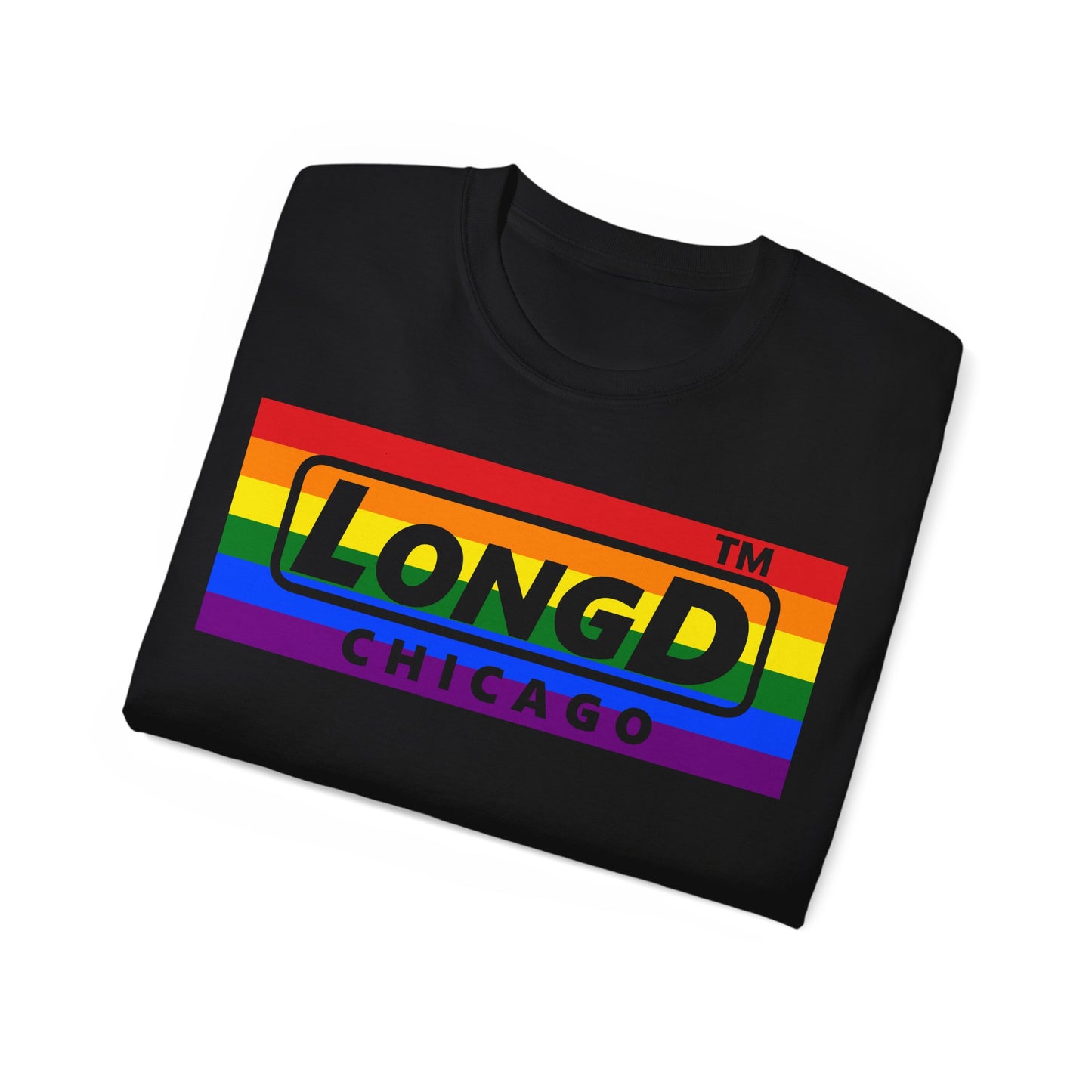 LongD negative horizontal striped Chicago logo cotton tee (Pride colors)