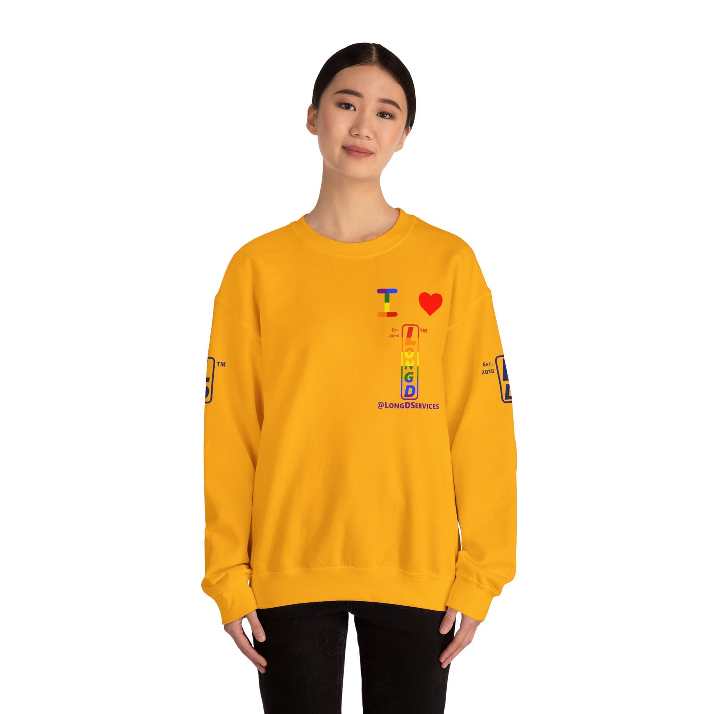 I Luv LongD positive horizontal 6-striped tag upright 4-print single-breasted logo crewneck sweatshirt
