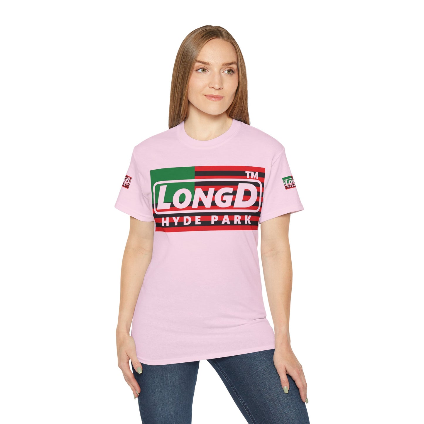 LongD negative flag Hyde Park logo 4-print cotton tee (Juneteenth colors)