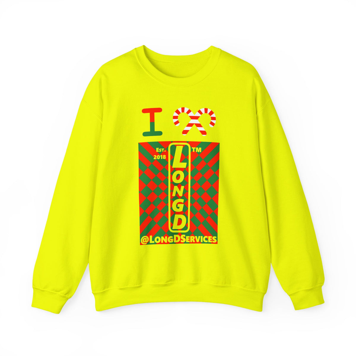 I candy cane LongD Tag negative upright stylized argyle logo crewneck sweatshirt