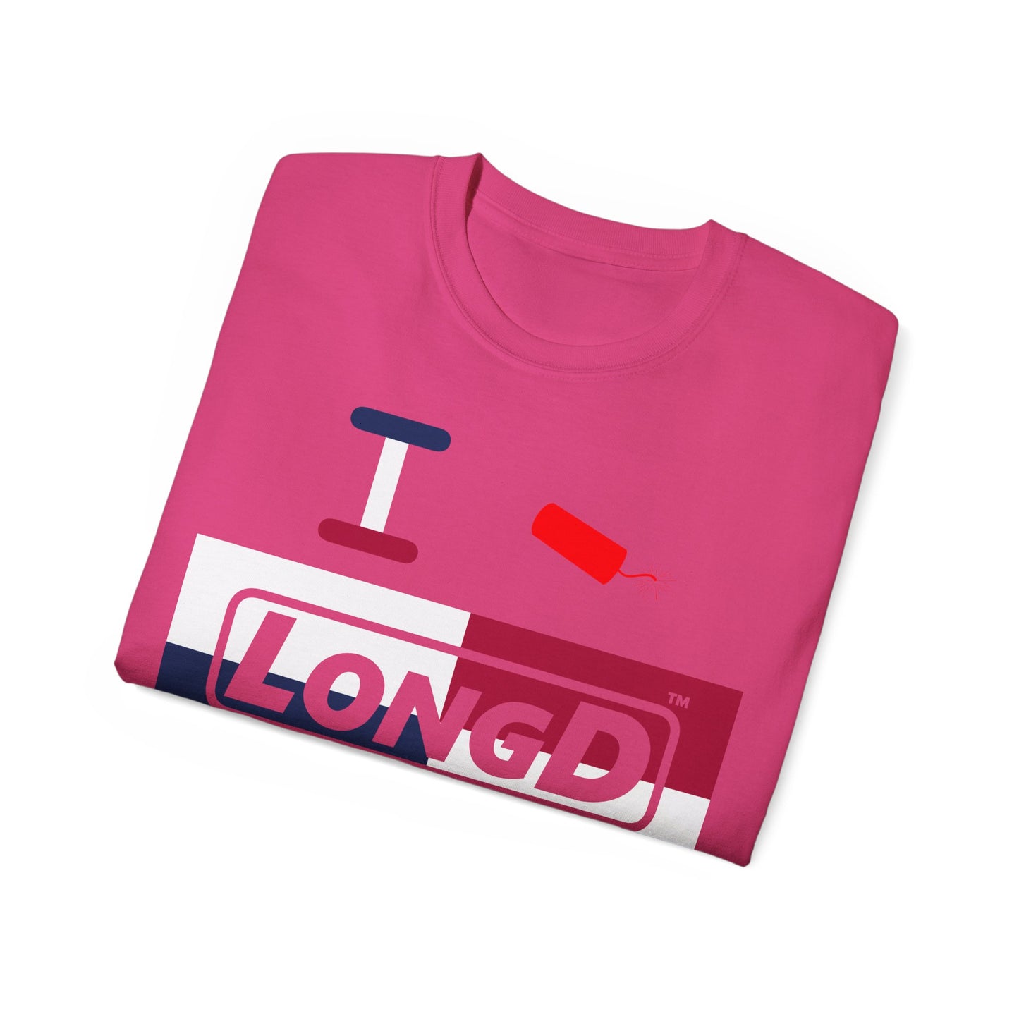 I Firecracker LongD® Logo Cotton Tee Red, White and Blue negative quarters text