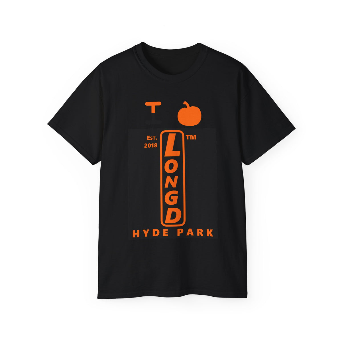 I pumpkin LongD Hyde Park upright logo positive orange on negative black cotton tee