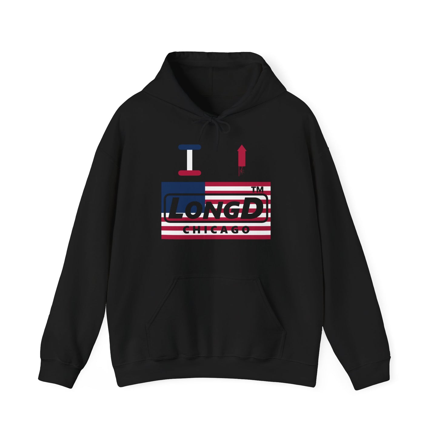 I firecracker LongD® negative flag front-back double breasted Chicago logo hoodie