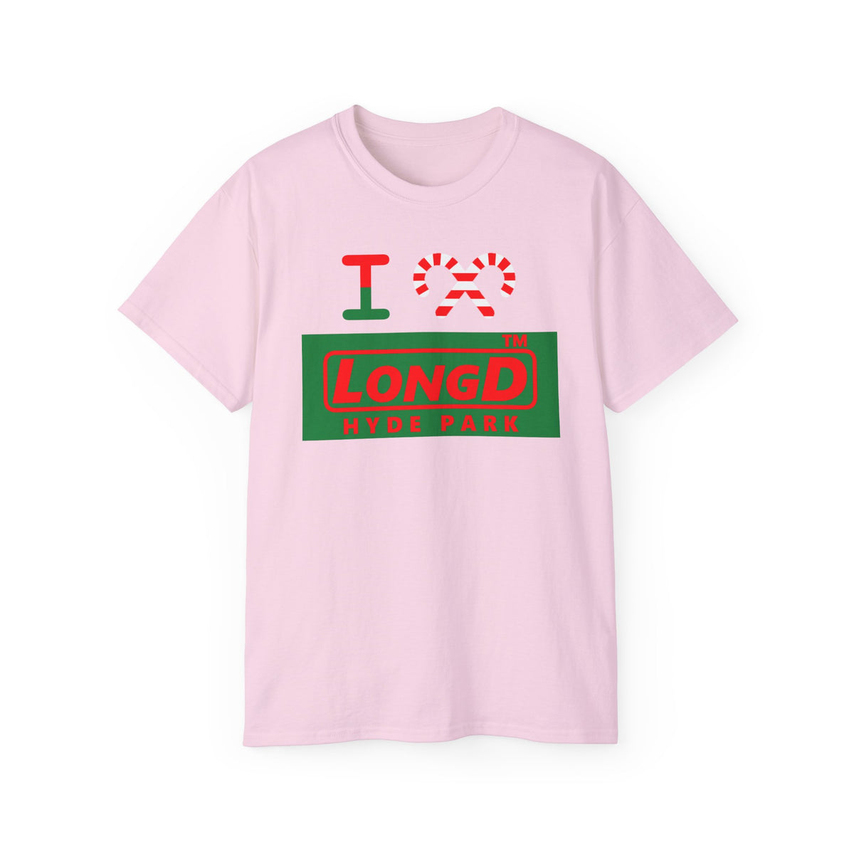I candy cane LongD Hyde Park logo positive red on negative green cotton tee