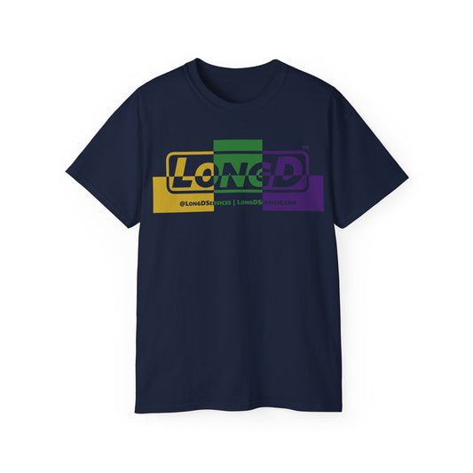LongD® Logo Cotton Tee (verigated Mardi Gras colored text)
