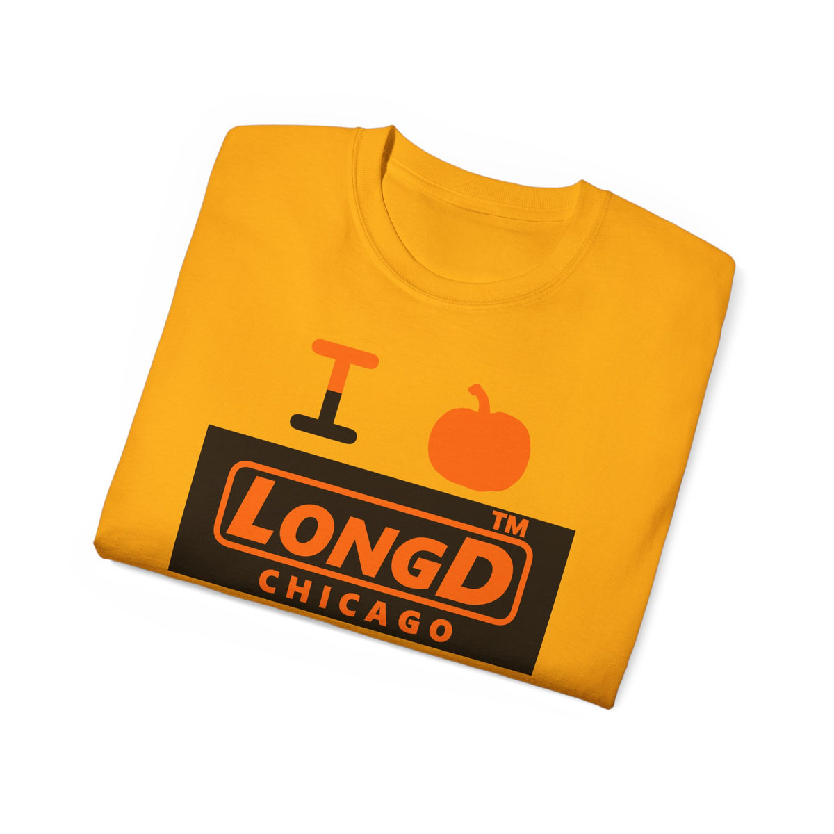 I pumpkin LongD Chicago logo positive orange on negative black cotton tee