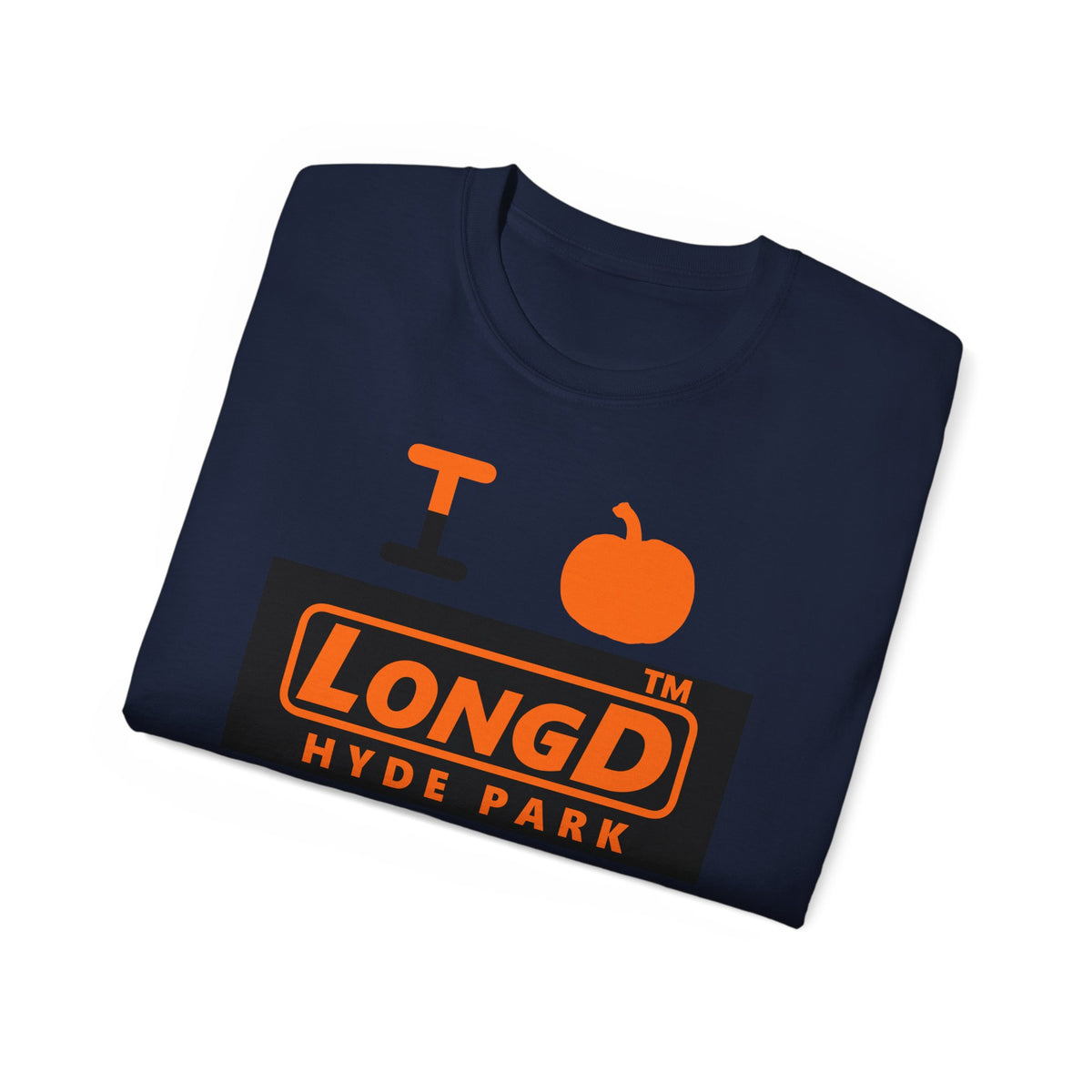 I pumpkin LongD Hyde Park logo positive orange on negative black cotton tee