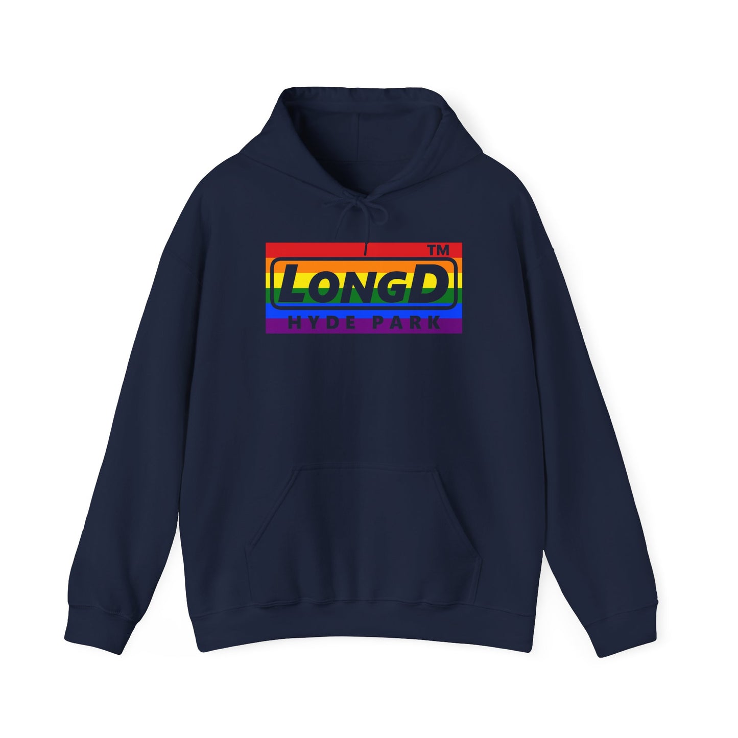 LongD® negative horizontal striped Hyde Park logo hoodie (Pride colors)