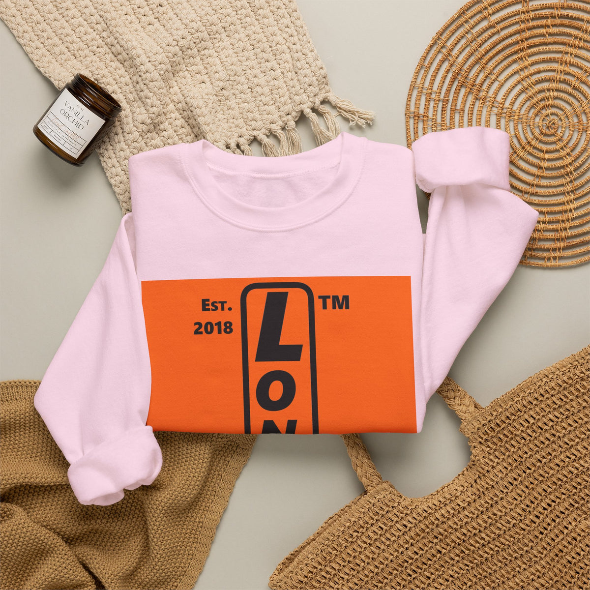LongD Hyde Park upright logo Black (000000) on orange (FE7518) (Halloween colors) crewneck sweatshirt