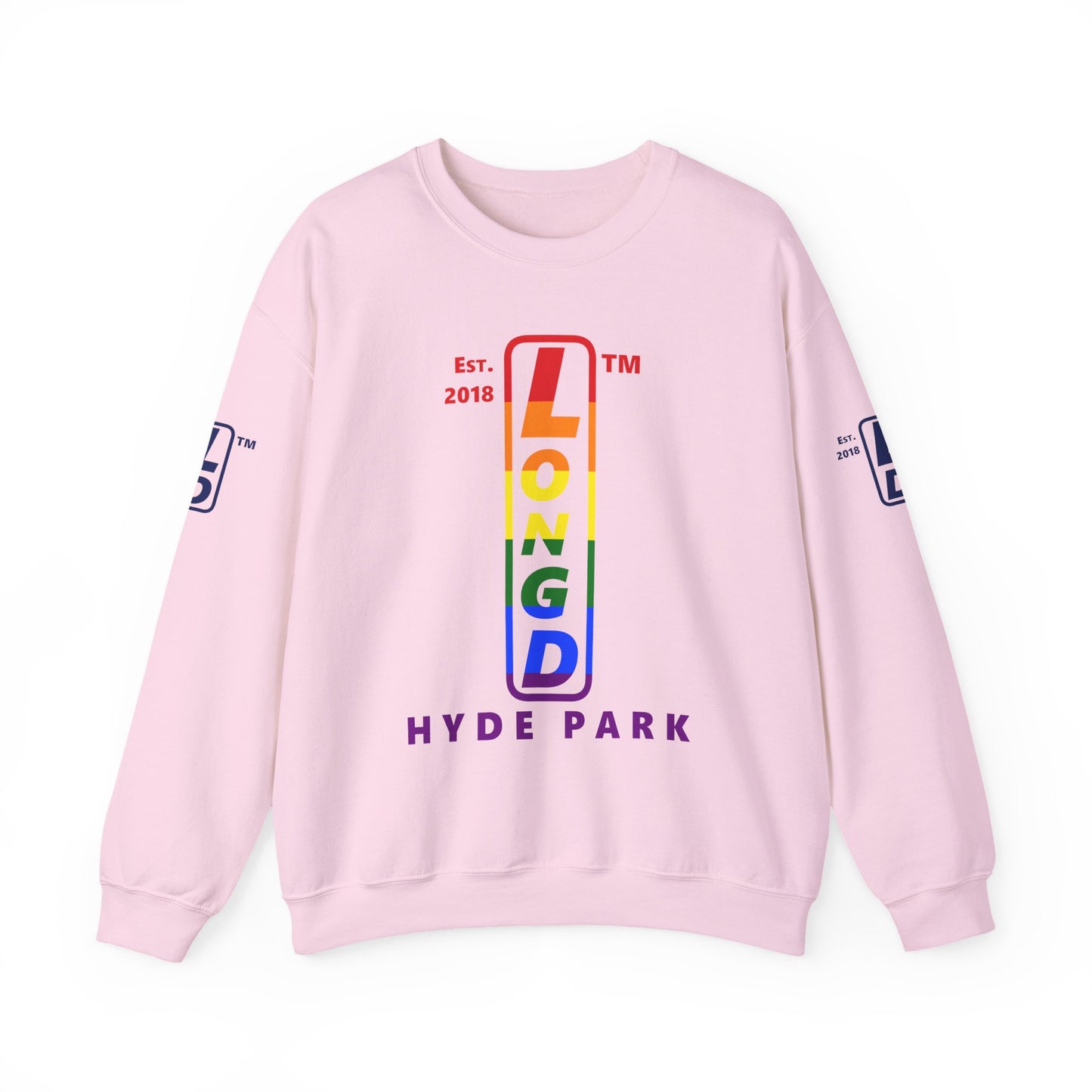 LongD positive horizontal 6-striped Hyde Park 4-print upright logo crewneck sweatshirt (Pride colors)