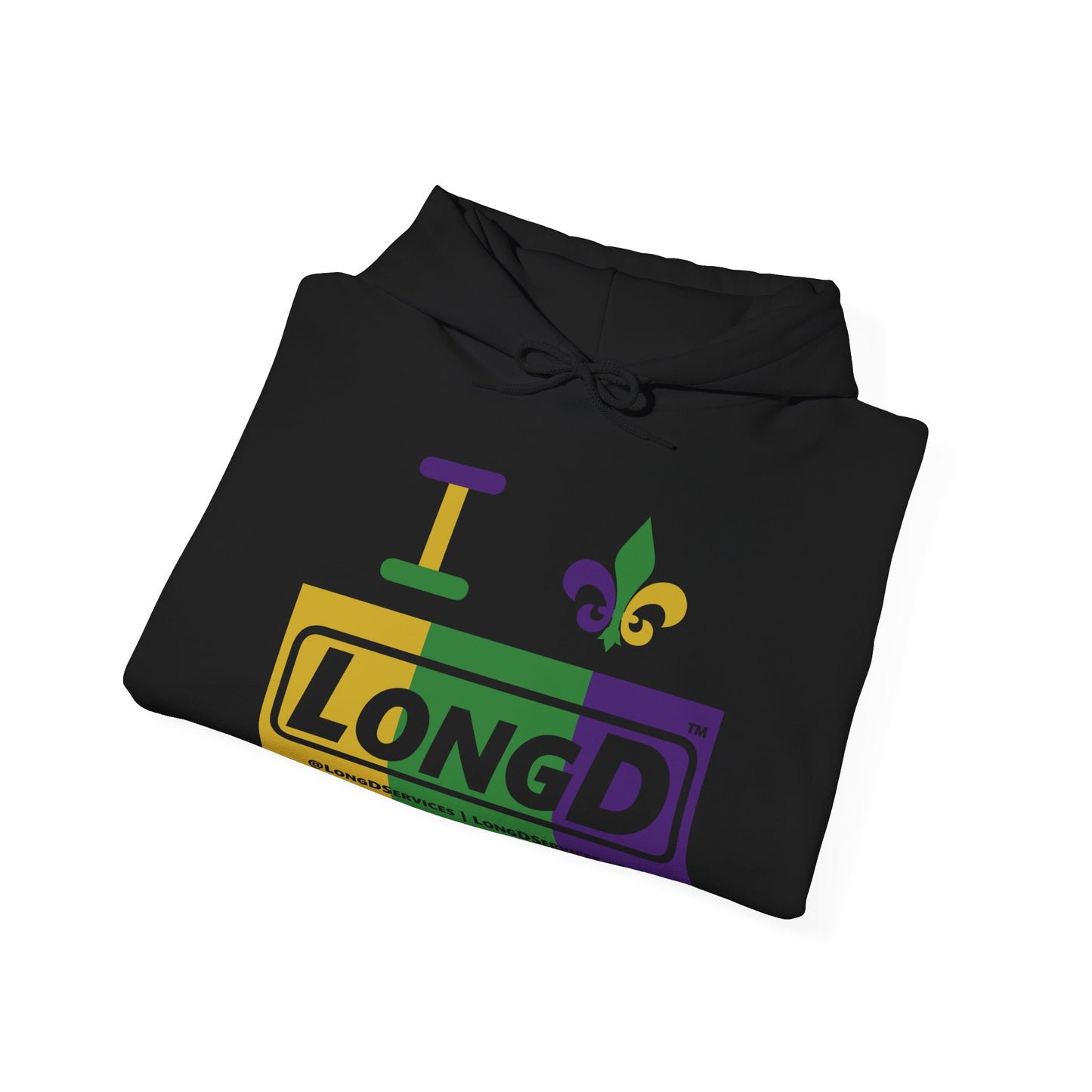 I Fleur LongD® Logo Hoodie (Mardi Gras Forest Green-Royal Purple-Goldenrod Yellow negative text)