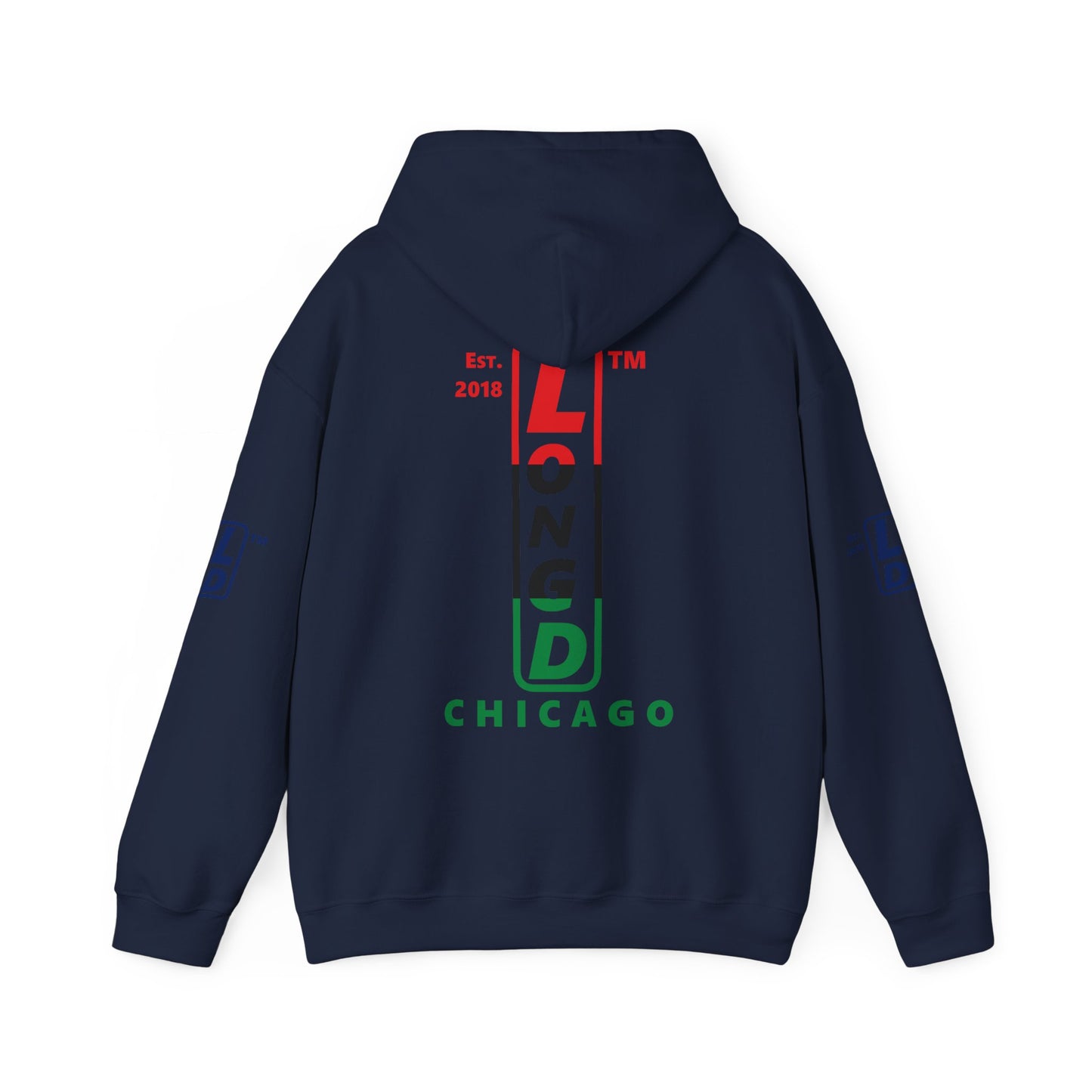 LongD® positive horizontal 3-striped Chicago 4-print upright logo hoodie (Juneteenth colors)