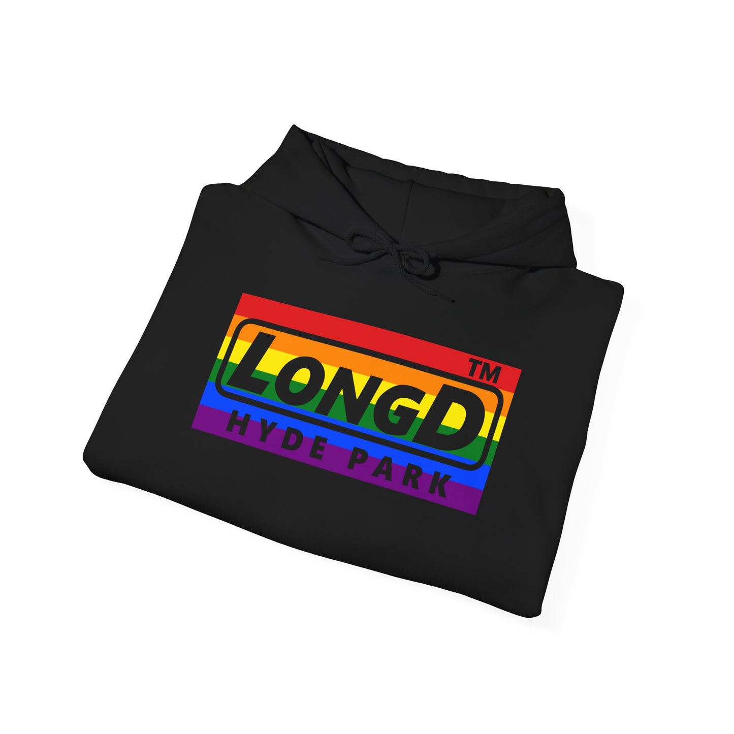LongD® negative horizontal striped Hyde Park logo hoodie (Pride colors)
