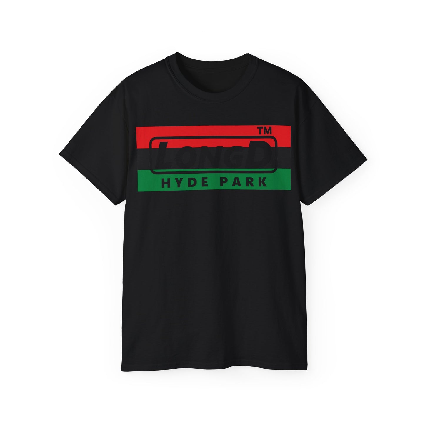 LongD negative horizontal 3-striped Hyde Park logo cotton tee (Juneteenth colors)
