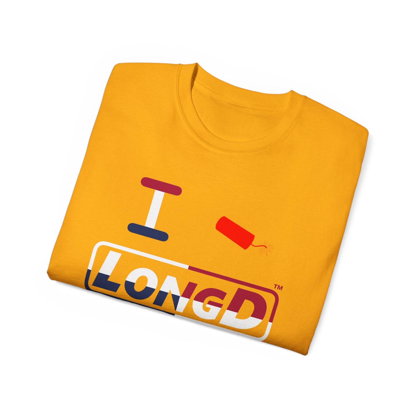 I Firecracker LongD® Logo Cotton Tee Red, White and Blue positive quarters text