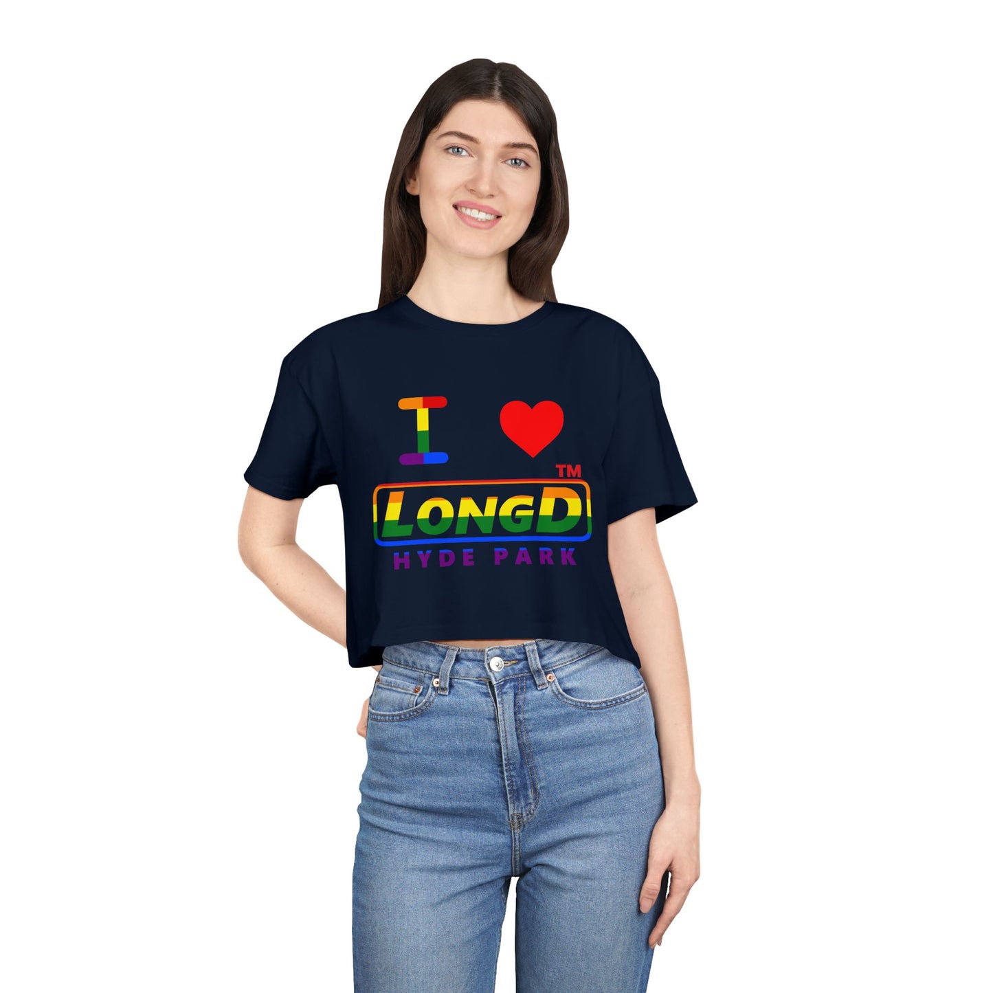 I Luv LongD positive horizontal 6-striped Hyde Park logo crop tee (Pride colors)