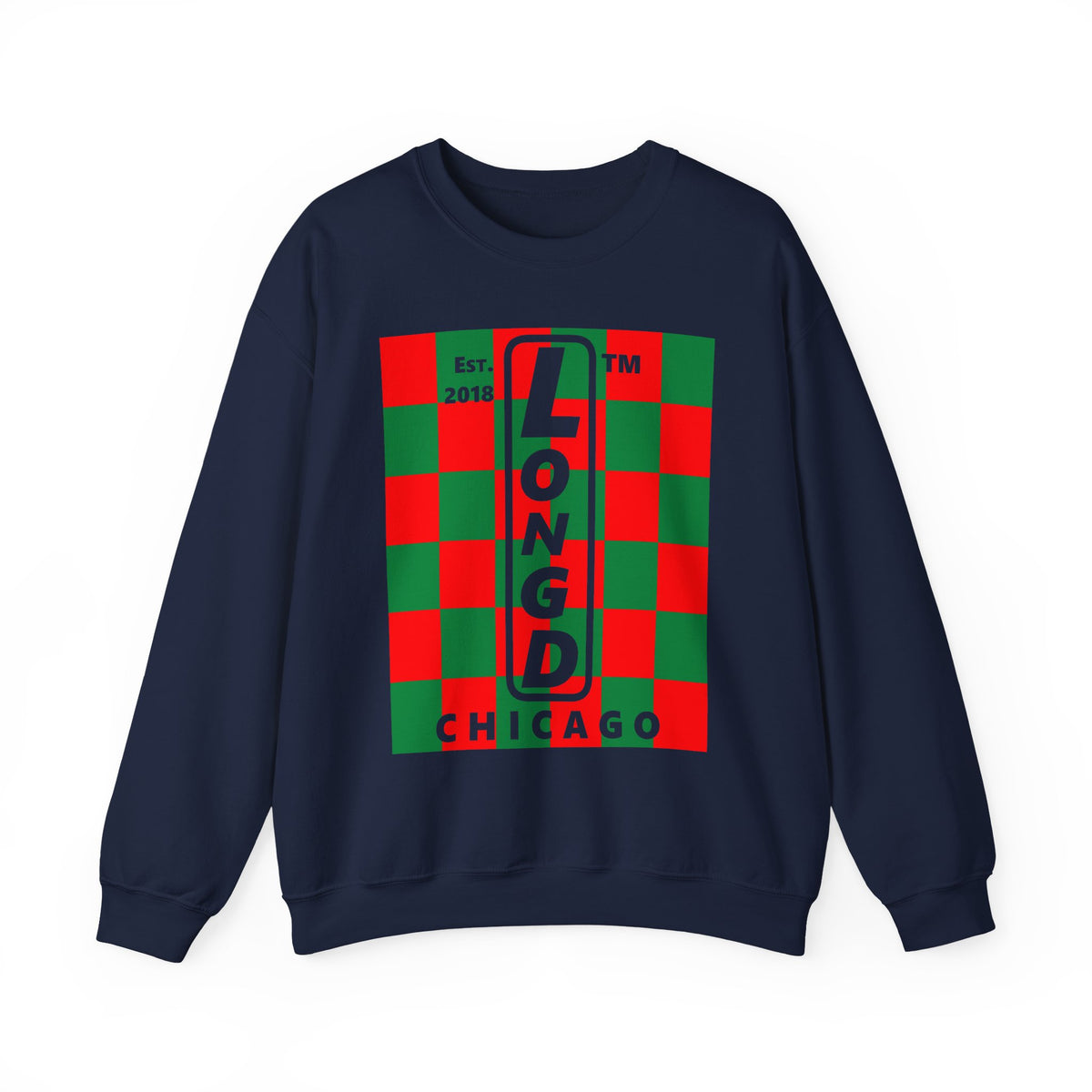 LongD Chicago negative upright checkered logo (Xmas colors) crewneck sweatshirt