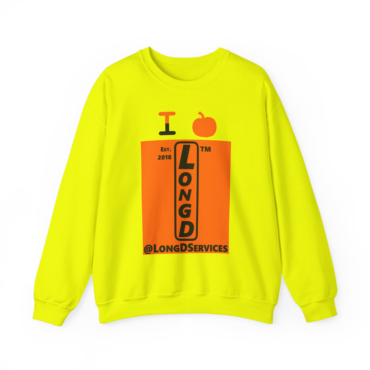 I pumpkin LongD Tag upright logo positive black on negative orange crewneck sweatshirt