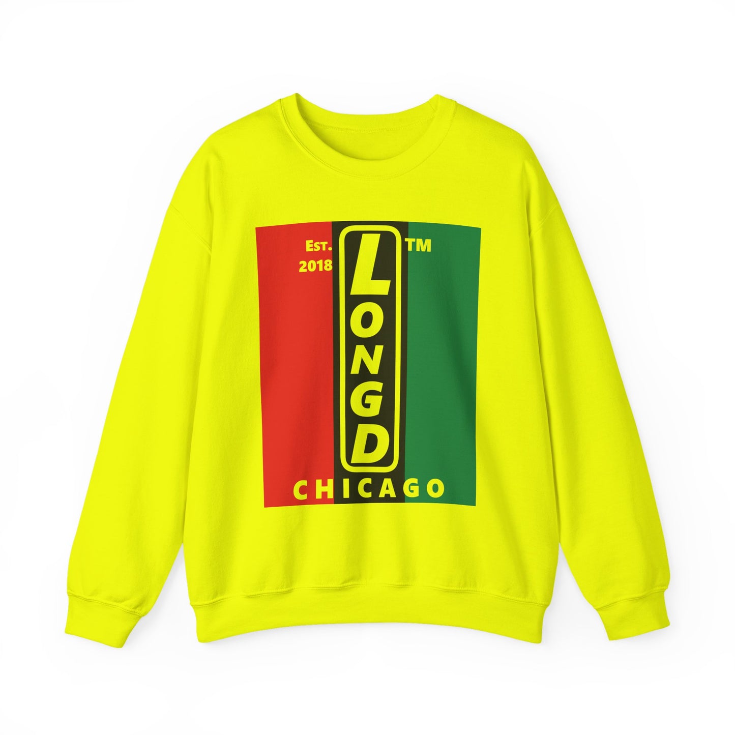 LongD negative vertical 3-striped Chicago upright logo crewneck sweatshirt (Juneteenth colors)