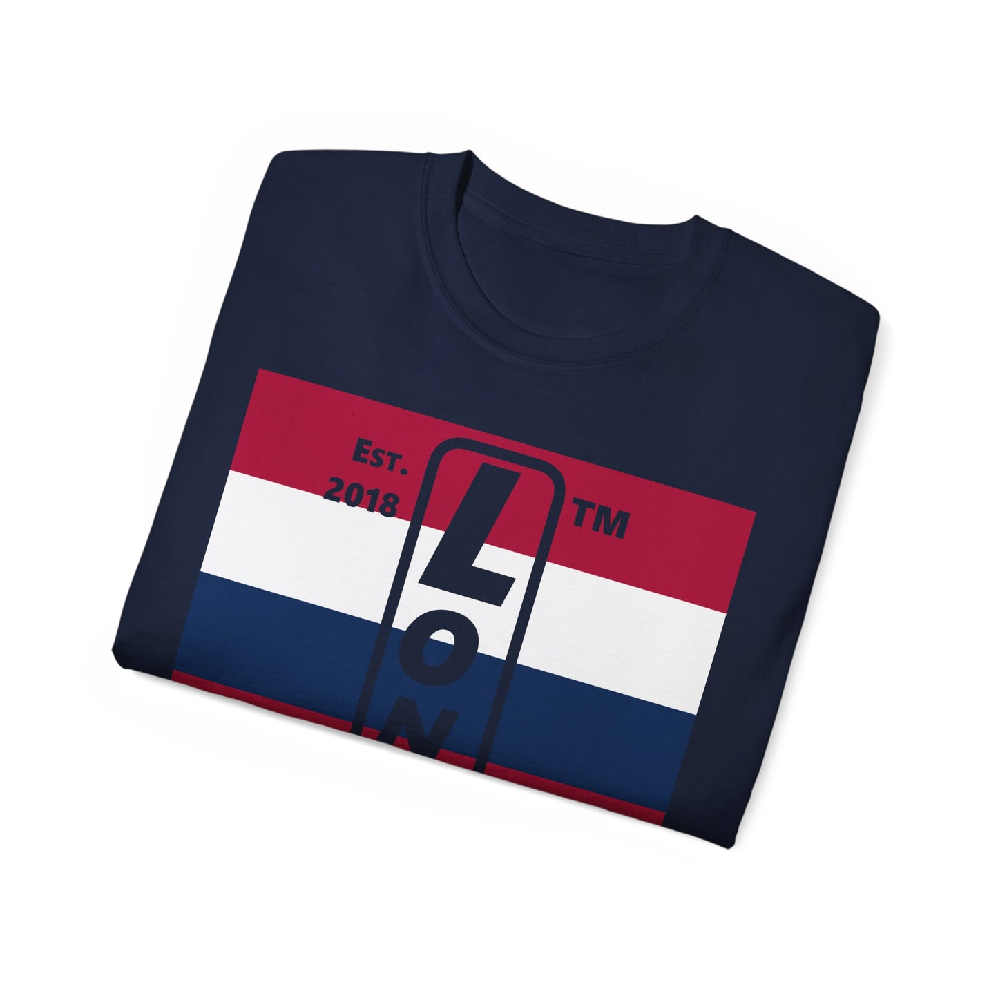 LongD cotton tee negative horizontal 6-striped Hyde Park upright logo (Patriotic colors)