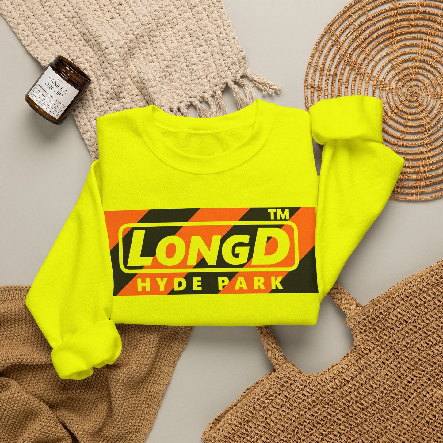 LongD Hyde Park negative diagonal 6-striped front-back logo (Halloween colors) crewneck sweatshirt